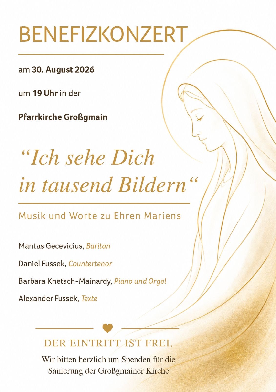 Plakat: Benefizkonzert „Ich sehe Dich in tausend Bildern“ am 30. August 2026, 19 Uhr, Wallfahrtskirche Großgmain